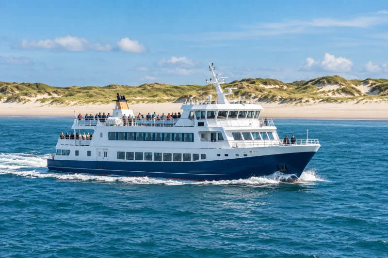 Passagierschiff vor einer weiten Nordsee-Strand- und Dünenküste – KI-generierte Illustration